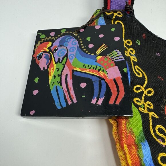 Laurel Burch Rainbow Horses on Black Scoop Tote Bag Canvas With Charm - Picture 2 of 7